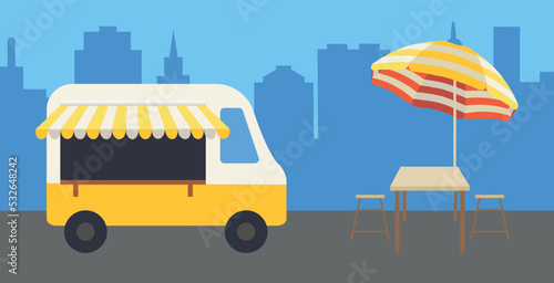 Street Food shop trailer vector. Shopping concept cartoon icon for commerce. Yellow transportation van and umbrella. Colorful illustration, cute style with city view. Vintage shop car.