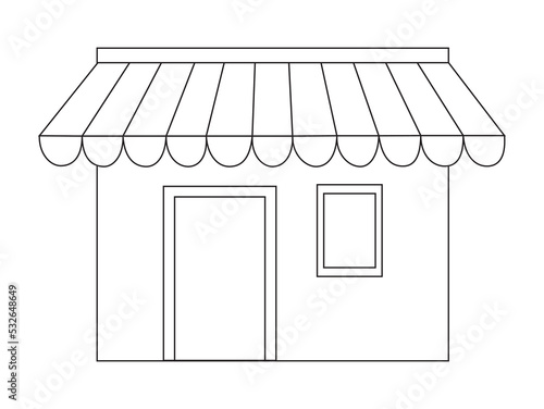 E-commerce, pay online and online shopping concept. Open with market tent roof. Shop location icon on white background. Contour logo commercial marketplace. Vector illustration isolated on white.