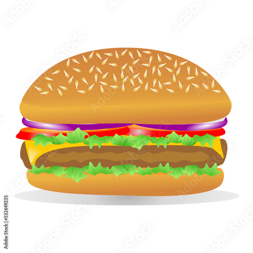 burger stuffed with ham, cheese, tomatoes, onions, lettuce