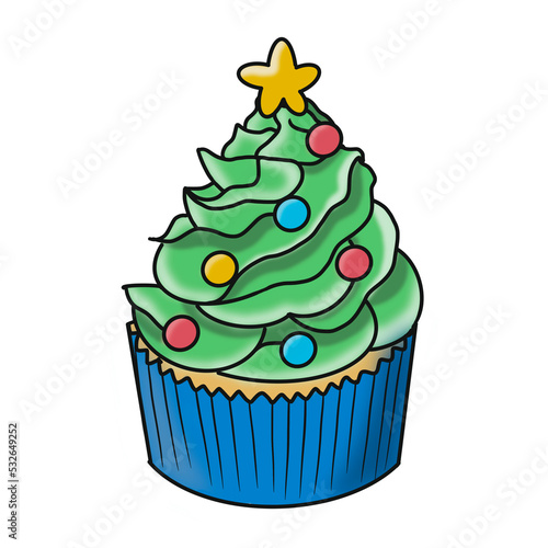 Christmas tree cupcake, hand drawn on white background. Food for decoration card or craft stuff.