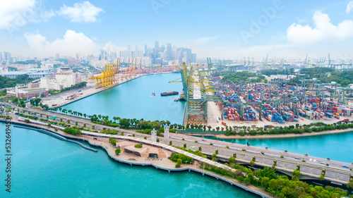 Beautiful aerial view of Singapore container harbour