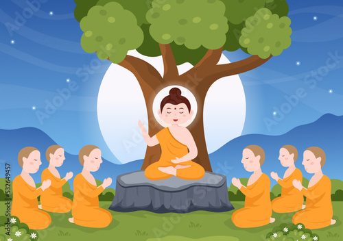 Happy Makha Bucha Day Template Hand Drawn Cartoon Flat Illustration Buddha Sitting in Lotus Flower under Bodhi Tree at Night Surrounded by Monk
