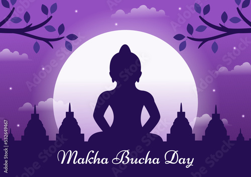 Happy Makha Bucha Day Template Hand Drawn Cartoon Flat Illustration Buddha Sitting in Lotus Flower under Bodhi Tree at Night Surrounded by Monk photo