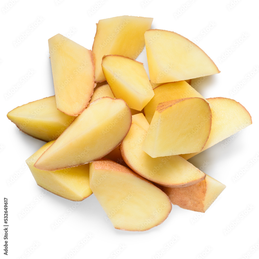top view of pile vegetable of potato cutted isolated on white background top view of pile vegetable of potato cutted isolated on white background
