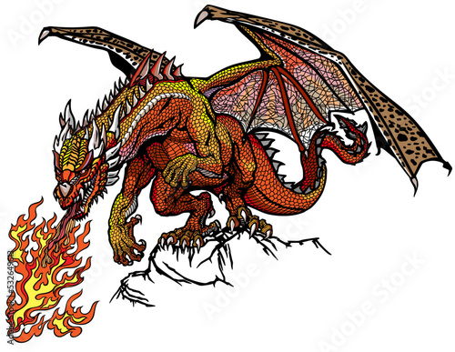 Western Dragon. Classic European mythological creature with bat-type wings standing on the rock and breathing fire. Graphic style isolated vector illustration