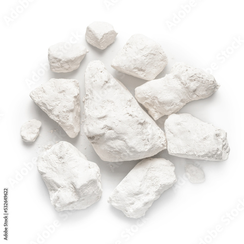 top view of pile natural pieces of chalk mineral stones is isolated on white background photo