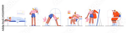 Woman everyday morning routines. Vector flat illustration of girl wakeup in bed, clean teeth, doing yoga, eat breakfast, choose clothes, skincare and makeup