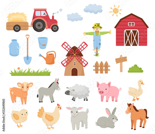 Big set of vector childish flat cartoon illustrations isolated on white. Tractor, barn, scarecrow and cute farm animals. Mill, fence, rabbit and donkey