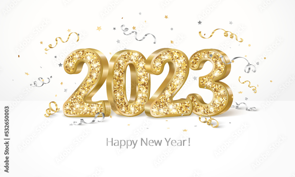 3d golden glitter numbers 2023 standing on white background. Happy new year banner. Gold and silver confetti, flying ribbons. Vector. For Christmas and holiday cards, calendars, party posters. 3d golden glitter numbers 2023 standing on white background. Happy new year banner. Gold and silver confetti, flying ribbons. Vector. For Christmas and holiday cards, calendars, party posters.