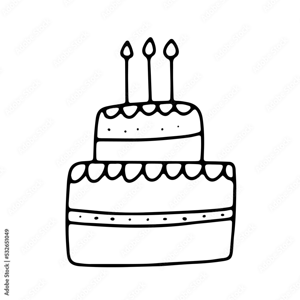 Funny birthday cake with candles. Doodle vector illustration isolated on white Funny birthday cake with candles. Doodle vector illustration isolated on white