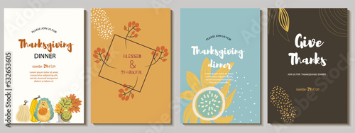 Set of vector invitations, menu, card design with character hedgehog, snail, pumpkin maple leaves, abstract flowers, spots, autumn palette. Suitable for Thanksgiving dinner or fall birthday. 