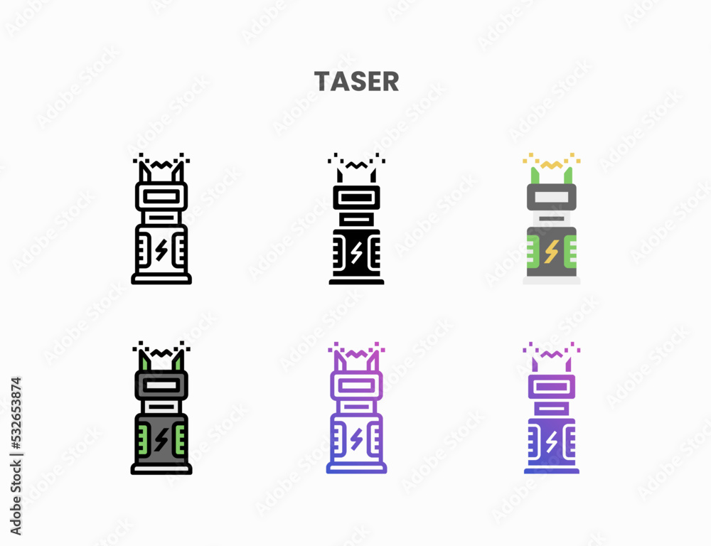 Taser icon set with line, outline, flat, filled, glyph, color, gradient. Can be used for digital product, presentation, print design and more. Taser icon set with line, outline, flat, filled, glyph, color, gradient. Can be used for digital product, presentation, print design and more.