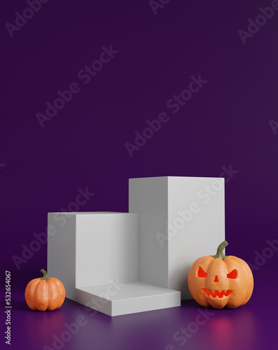 Halloween display podium minimal with pumpik for product backdrop. 3d rendering. photo