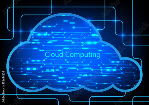 Graphics design Hitech Technology Cloud computing concept. Computer accessing online network communications from the cloud, vector illustration