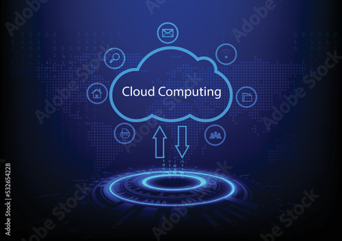 Graphics design Hitech Technology Cloud computing concept. Computer accessing online network communications from the cloud, vector illustration