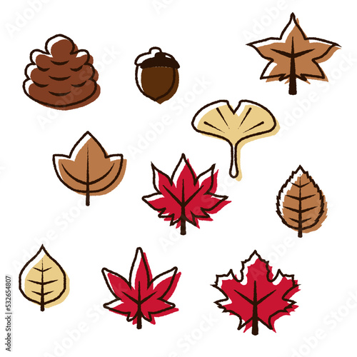 秋の落ち葉落書き風デザインイラストセット