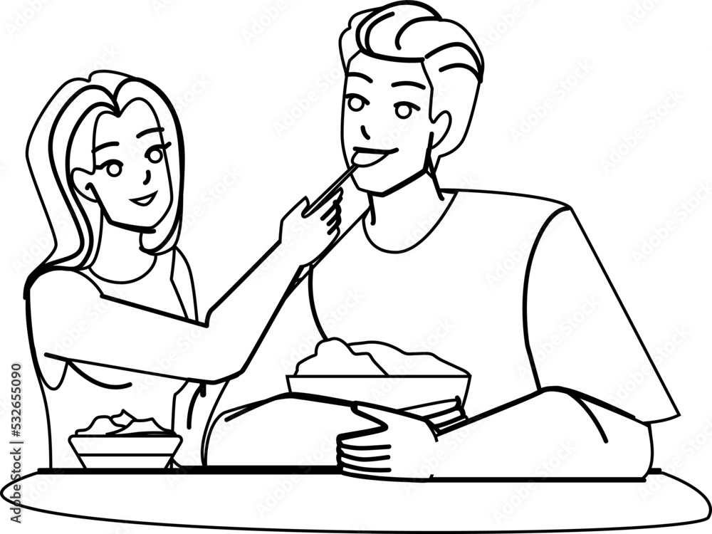 couple eating line pencil drawing vector. food man woman, happy lunch, together meal couple eating character. people Illustration