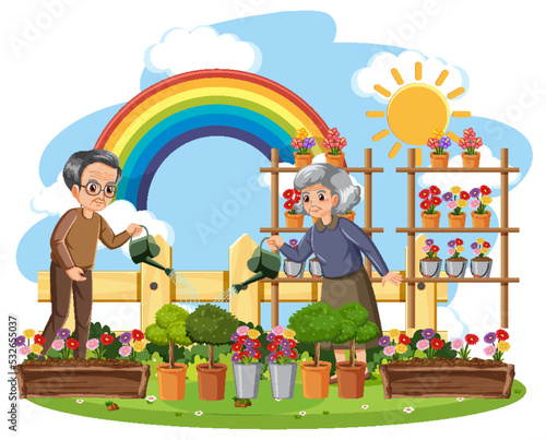 Elderly couple gardening on white background photo