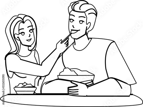 couple eating line pencil drawing vector. food man woman, happy lunch, together meal couple eating character. people Illustration
