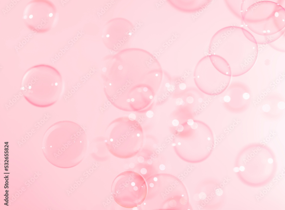 Abstract Beautiful Transparent Pink Soap Bubbles Background. Freshing Soap Sud Bubbles Water.	