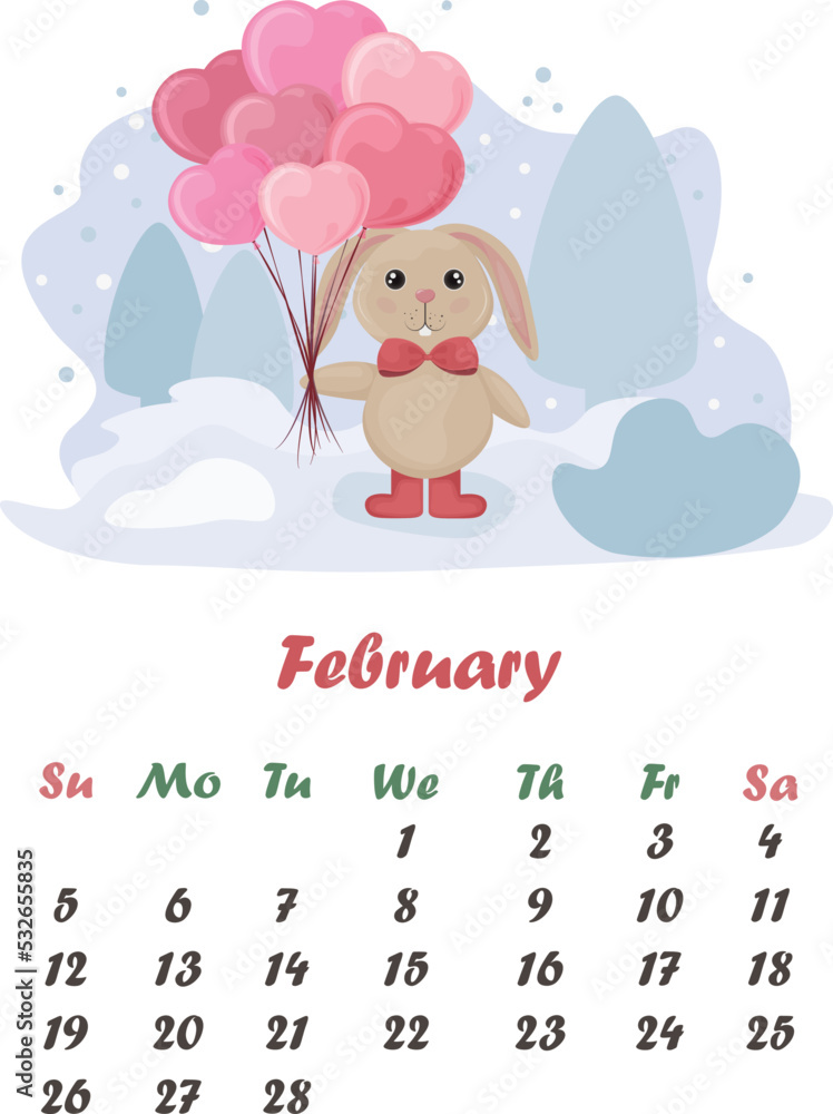 Obraz premium Calendar February. Cute calendar with the image of a rabbit in love, with balloons in the form of hearts. Winter illustration with a cute bunny with balloons . Vector