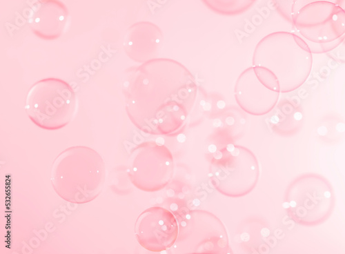 Abstract Beautiful Transparent Pink Soap Bubbles Background. Freshing Soap Sud Bubbles Water. 