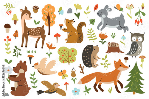 Bright set of cute forest animals with elements of nature. Ideal for scrapbooking, postcards, posters, tags, stickers. Hand drawn vector illustration. © Ольга Агуреева