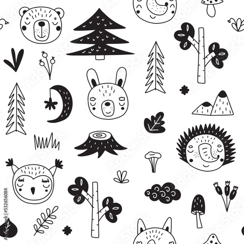Seamless pattern of scandinavian animals. Drawn by hand. Doodle cartoon animals with elements of the forest and gifts of nature for children's posters, postcards. Vector illustration.