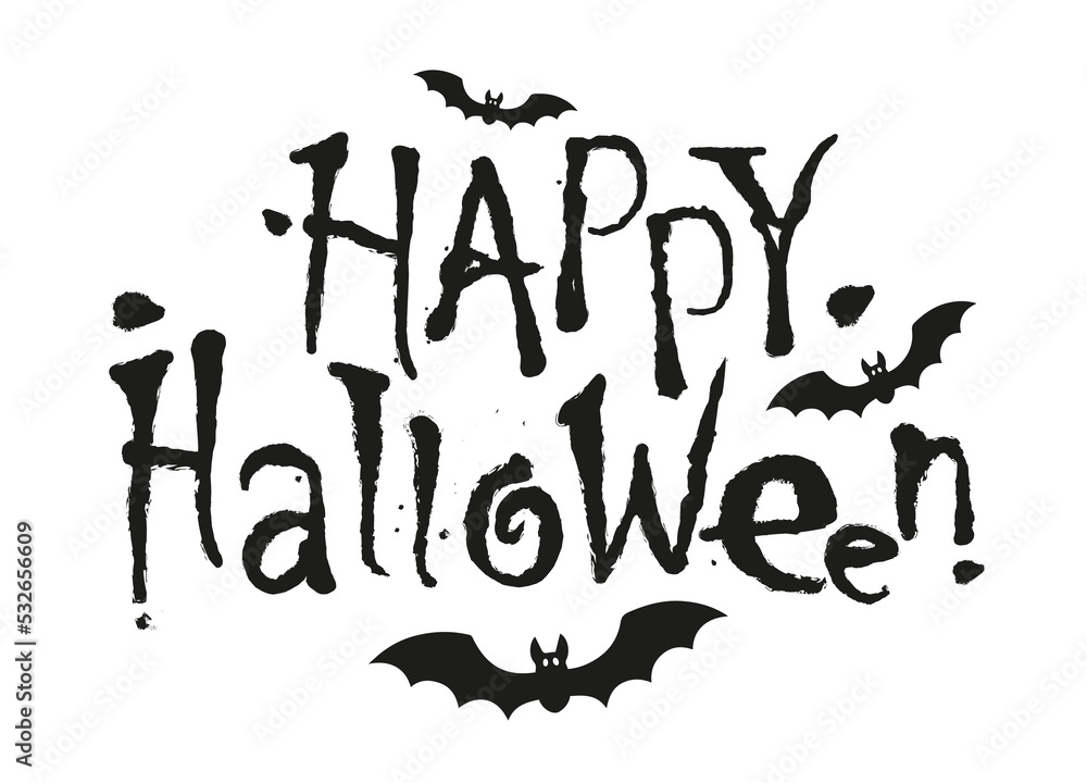 Halloween banner with text isolated on white background. Horror style font with flying vampire bats and Happy Halloween text