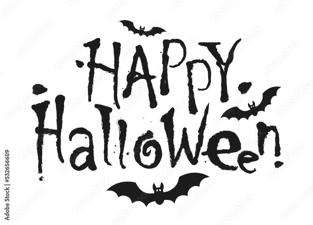 Halloween banner with text isolated on white background. Horror style font with flying vampire bats and Happy Halloween text Halloween banner with text isolated on white background. Horror style font with flying vampire bats and Happy Halloween text