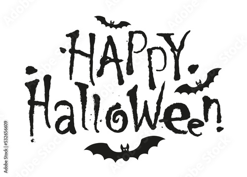 Halloween banner with text isolated on white background. Horror style font with flying vampire bats and Happy Halloween text