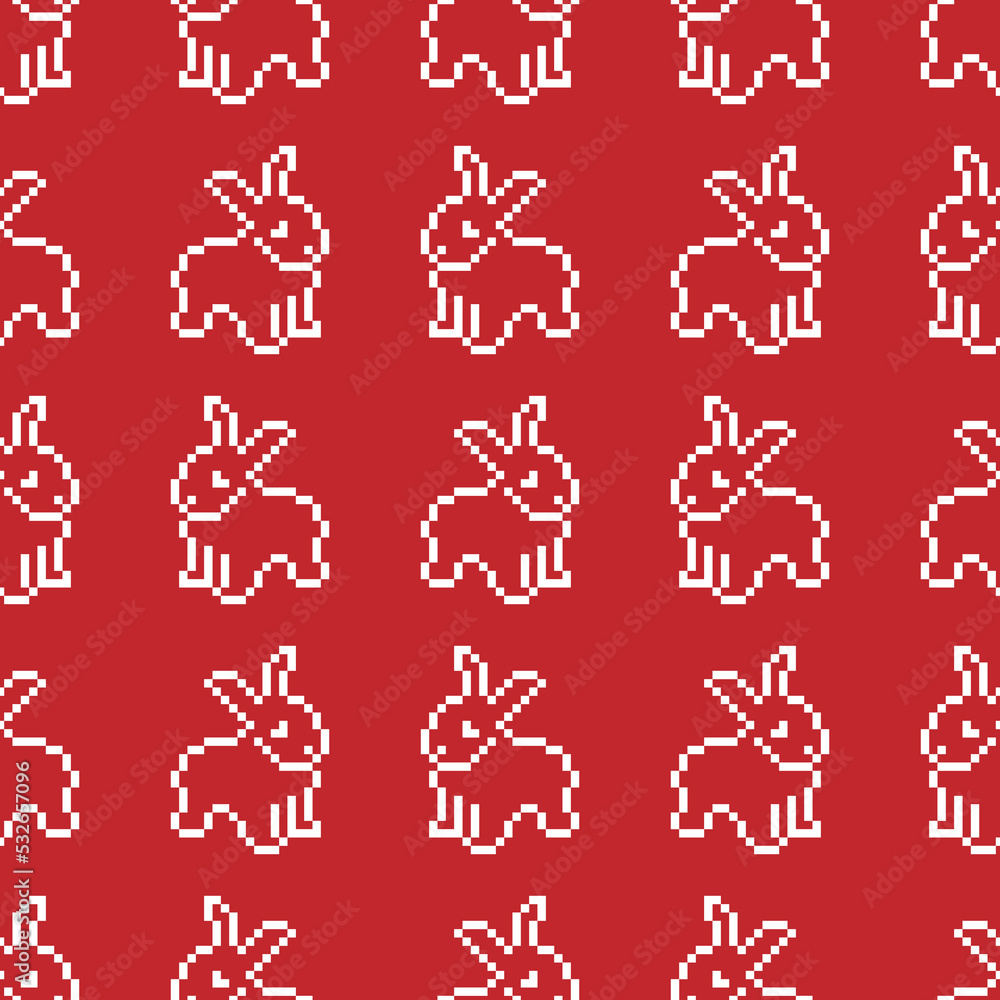 Rabbit seamless background. Pixel art. Vector pattern. White and red Rabbit seamless background. Pixel art. Vector pattern. White and red