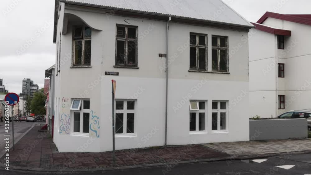 Downtown neighborhood in Reykjavik, Iceland with video jamming left to right.