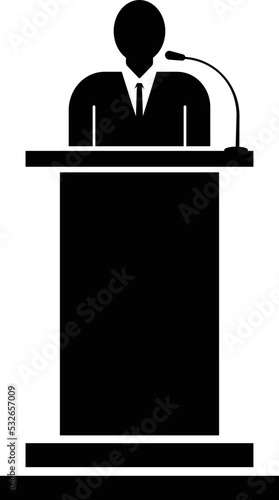 Speaker on Tribune, Political Spokesman. Flat Vector Icon illustration. Simple black symbol on white background. Speaker Tribune Political Spokesman sign design template for web and mobile UI element