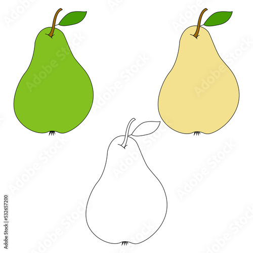 A set of pears on a white background. The pear is green. yellow in the doodle style. Hand drawn fruits