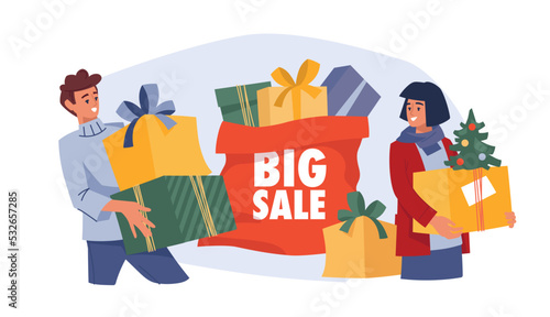 People with gifts. Girl and guy with a gift box. Christmas sale. Preparing for Christmas. Vector image.