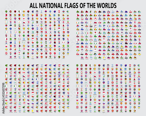 All national flags of the worlds.Different Styles: Circle, Square, Rectangle - Vector Flat Icons photo