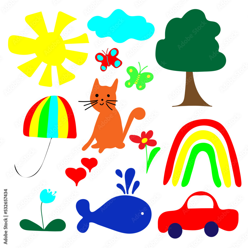 Children's hand drawing for textiles, posters, postcards. Fabric children's design. Bright flowers, rainbow, umbrella and more