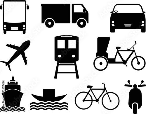 Vector black vehicles icons set on white background