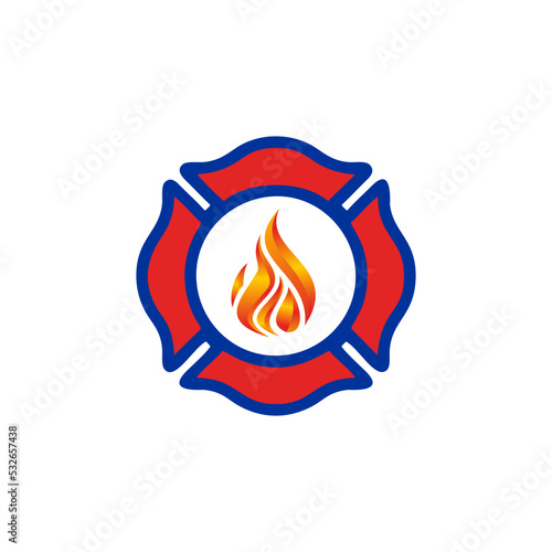 City fire department organization realistic logo emblem design with crossed axes and pumps red black vector illustration photo