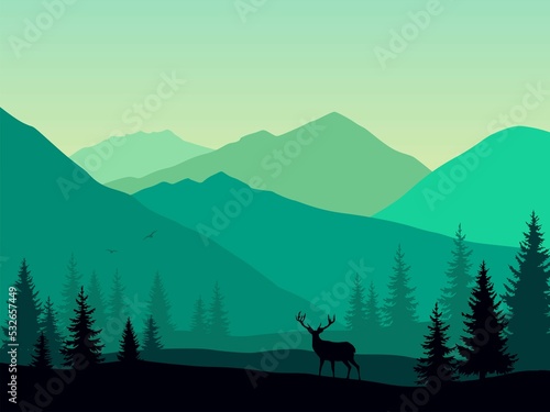 Foto landscape with trees deer and mountains