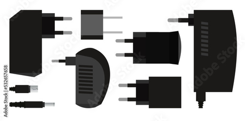 Set of Charger. Power supply for electrical appliances. Electrical plug with rectifier. Isolated on white background. Vector