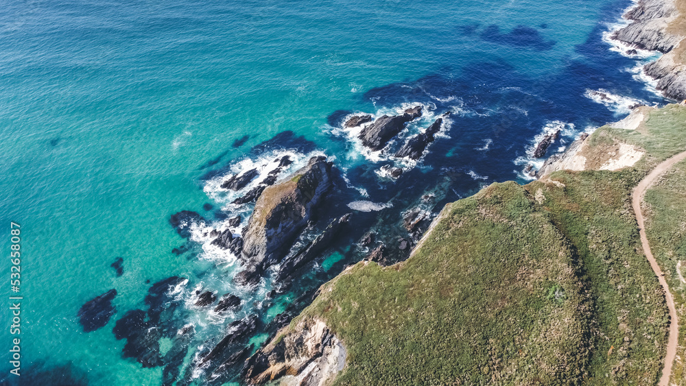 Aerial view with drone to the sea in Valdoviño, Ferrol, Galicia, Spain. Aerial view with drone to the sea in Valdoviño, Ferrol, Galicia, Spain.