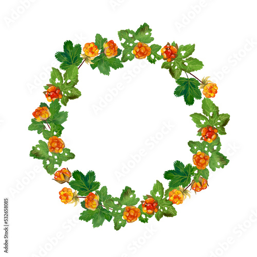 round frame with watercolor cloudberry berries on a white background.