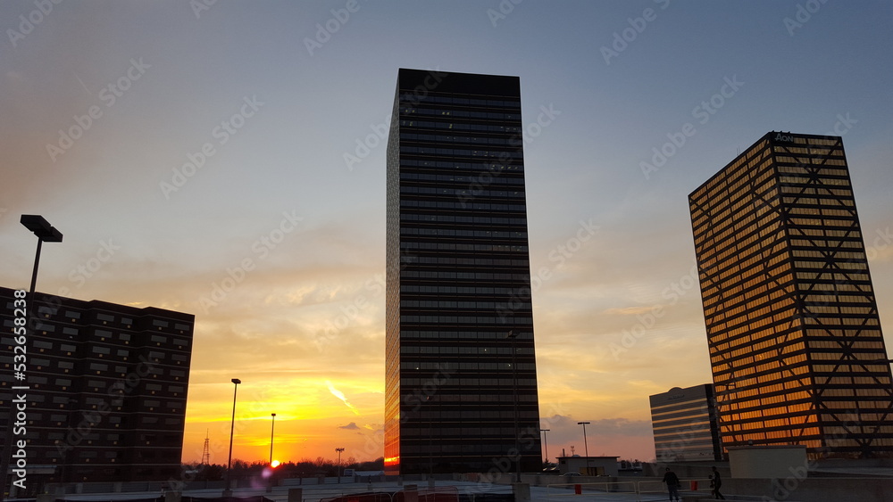 View of the skyscrapers in Downtown Southfield, Michigan at sunset. Southfield's downtown began as an edge city in the suburbs of Detroit.