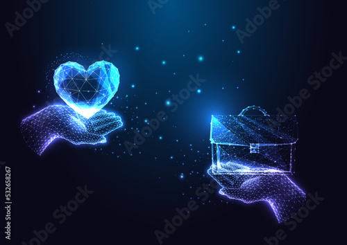 Futuristic concept of work passion, job motivation with hands holding business briefcase and heart