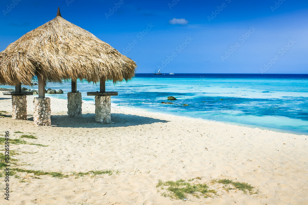 Aruba Arashi caribbean beach with palapa, Dutch Antilles, Caribbean Sea