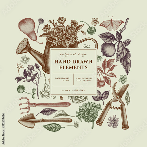 Gardening square card or invitation design. Frame design with watering can, apples, cherry, rose, pears, shovel, rake, secateurs, chamomile, sunflower, forget me not flower, great orange-tip, roses.