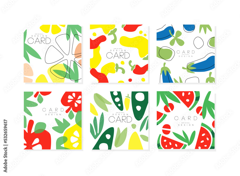 Abstract vegetable and fruit card design set. Banner, poster, cover, background with pepper, eggplant, apple, watermelon cartoon vector illustration