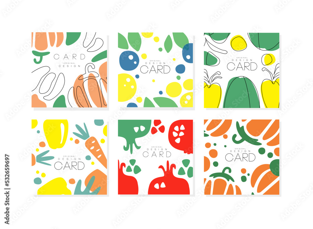 Abstract vegetable and fruit card design set. Banner, poster, cover, background with pepper, pomegranate, carrot, pumpkin cartoon vector illustration